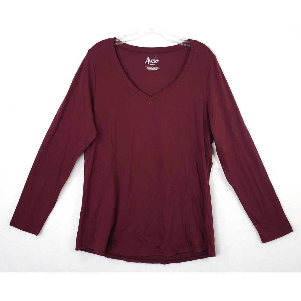 Aveto Shirt Womens Plus 1X Windsor Wine Long‎ Sleeve V Neck Basic Casual Office